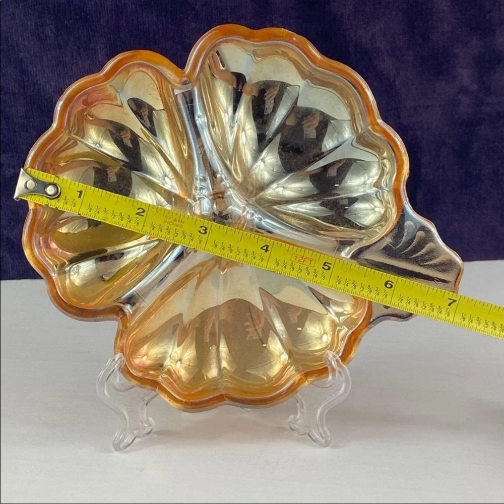 Jeannette Marigold Doric Shamrock, Clover Iridescent Carnival Glass Candy Dish